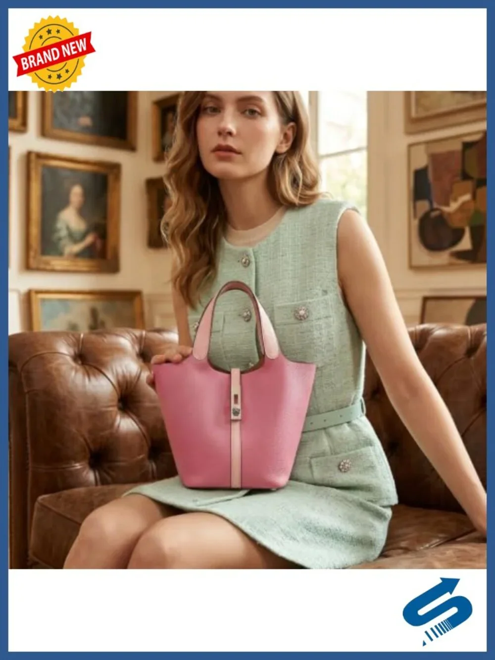 Vegan Leather Top Handle Lock Bucket Satchel Tote Bag